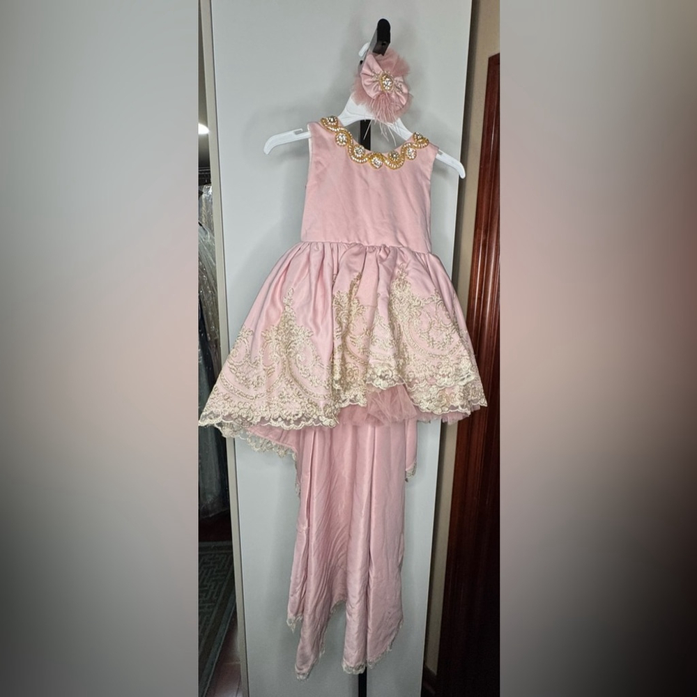 Handmade Graceful Pink and Gold hi low dress with Floral lace Embellishments